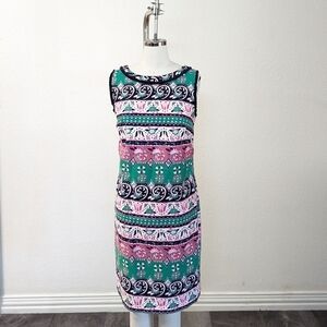 Talbots Floral Printed Fringed Shift Dress Green Pink 4 preppy summer coastal